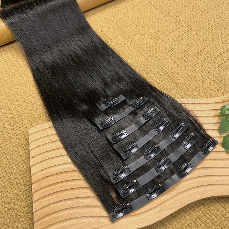 Invisible Seamless Clip Ins Bone Straight Human Hair Unprocessed Raw Hair PU Weft Extensions Full Head 7Pcs/Set Clip on Hair
