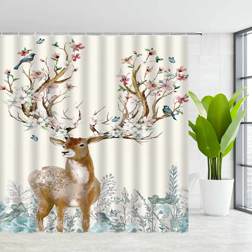 

Cedar Deer Shower Curtains Winter Forest Wild Animals Elk Natural Landscape Christmas Decor With Hooks Fabric Bathroom Curtain