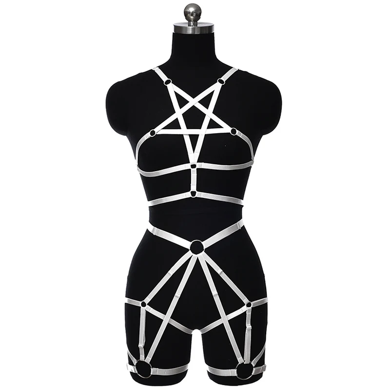 

Bondage White Pentagram Body Harness Set Gothic Sexy Open Chest Lingerie Cage Bra Elastic Adjust Harness High Waist Garter Belt