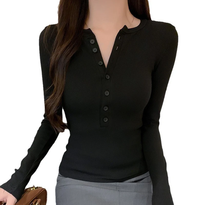 Solid Single Breasted Long Sleeve T-shirt Women Slim Fit Long Sleeve Tops 2025 Autumn Fashion Casual Basic T-shirt