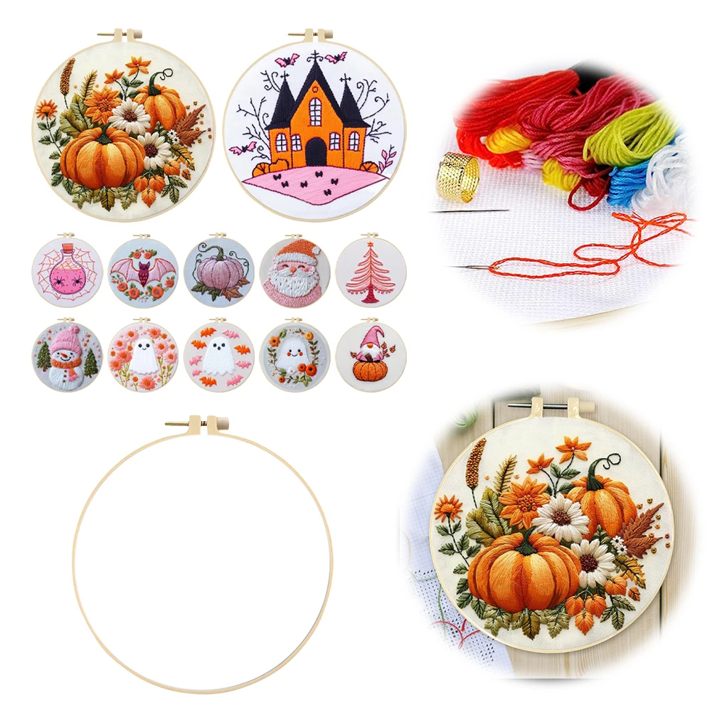 

Halloween Stamped Cross Stitch Embroidery Kits with Hoop Cloth Color Thread