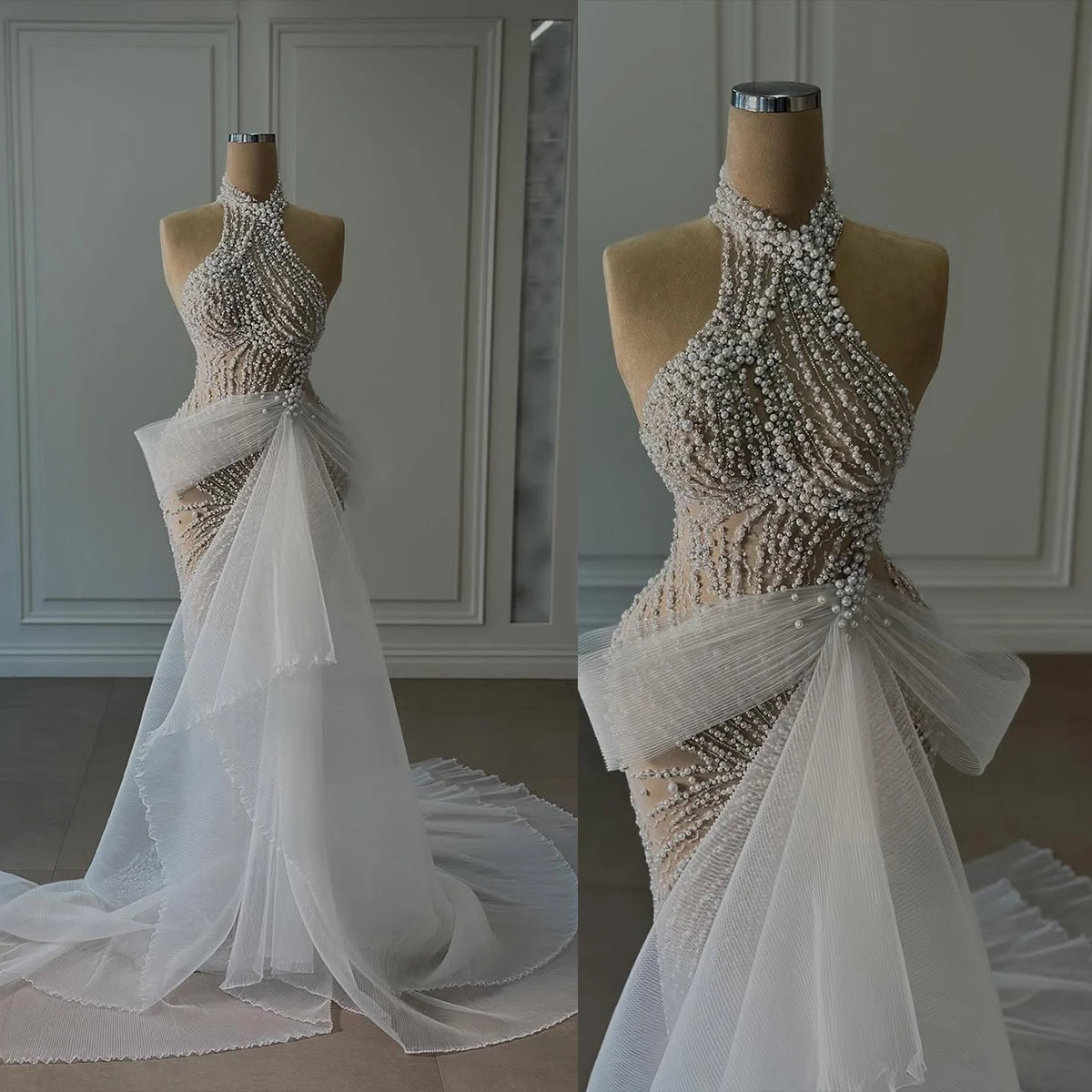 

Fashion Pearls Wedding Dresses High Neck Bridal Gowns Rhinestone Sleeveless See Through Custom Made Sweep Train Bride Dress