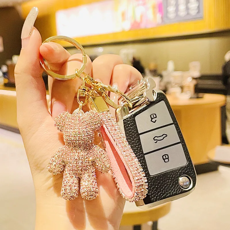 Cute Diamond Violent BEAR  Keychain Bear Pendant For Women Bag Car KeyRing Mobile Phone Fine Jewelry Accessories Kids Girl Gift