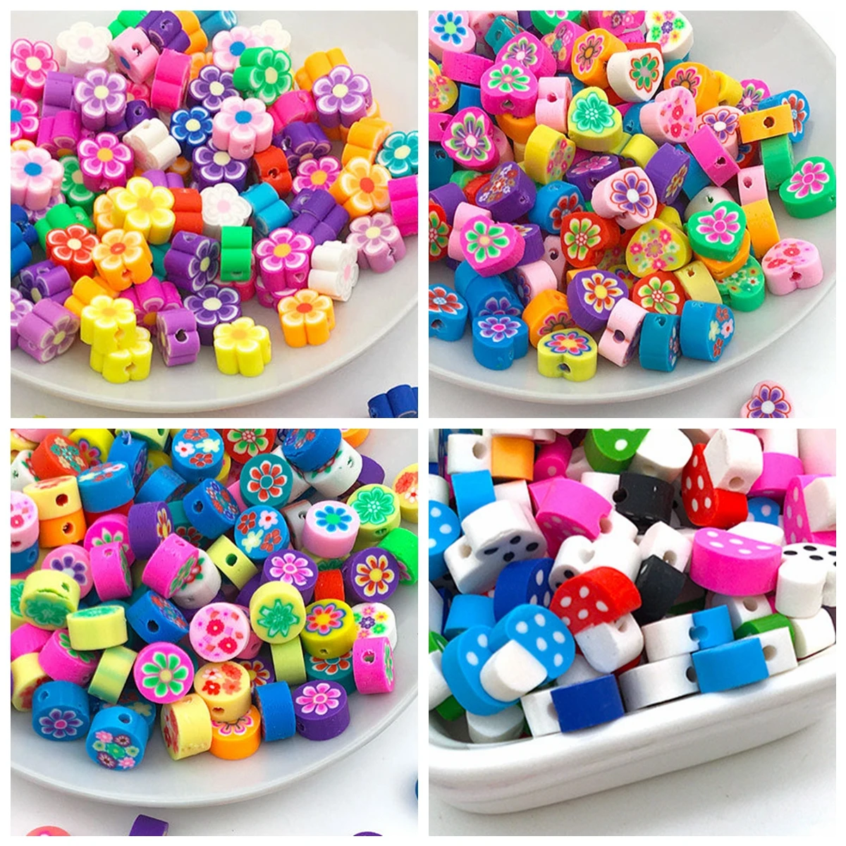 

50pcs Flower/Heart/Mushroom Shape 9mm-10mm Mixed Colorful Polymer Clay Loose Beads Wholesale Lot For Jewelry Making DIY Findings