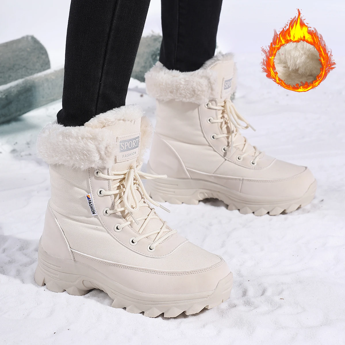 Women's winter snow boots fleece-lined thickened warm high-top boots outdoor anti-slip wear-resistant durable lace-up ski