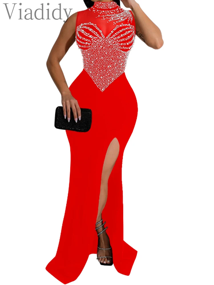 Women Sexy Mesh Patchwork Rhinestone Beads Floor Length Mermaid Party Dress