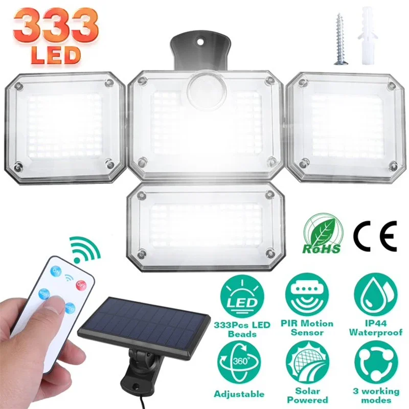 

Nice Solar Outdoor Lights 333 LED Security Light With Remote Control,4 Heads Motion Sensor Lamps, 320° Wide Angle Flood Wall Lam