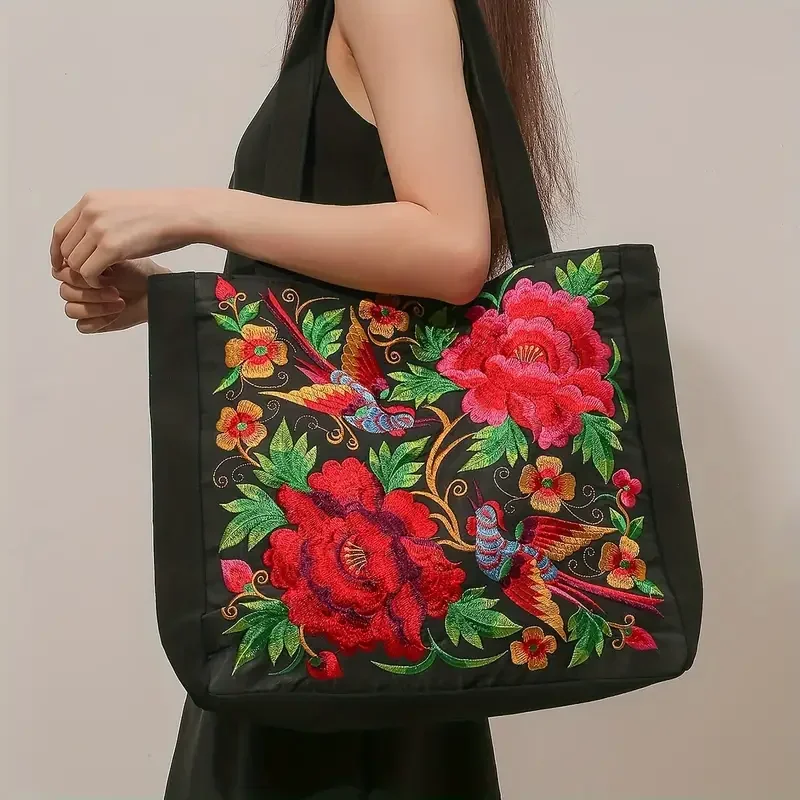 

Ethnic Style Flower Embroidery Canvas Tote Shoulder Bag Large Capacity Purses and Handbag Shopping Bags for Women