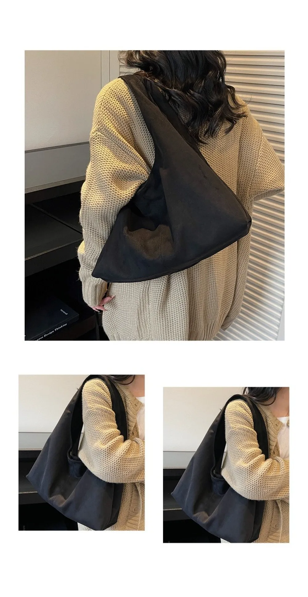 Lässige Retro-Damen-Schultertasche aus Wildleder mit großem Fassungsvermögen, einfarbige Shopper-Tasche – Detail 5