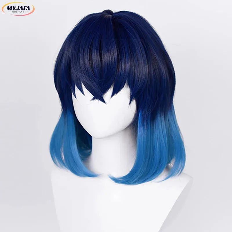 2025 alta calidad Hashibira Inosuke Cosplay azul Ombre pelo resistente al calor Anime juego de rol pelucas + gorro de peluca