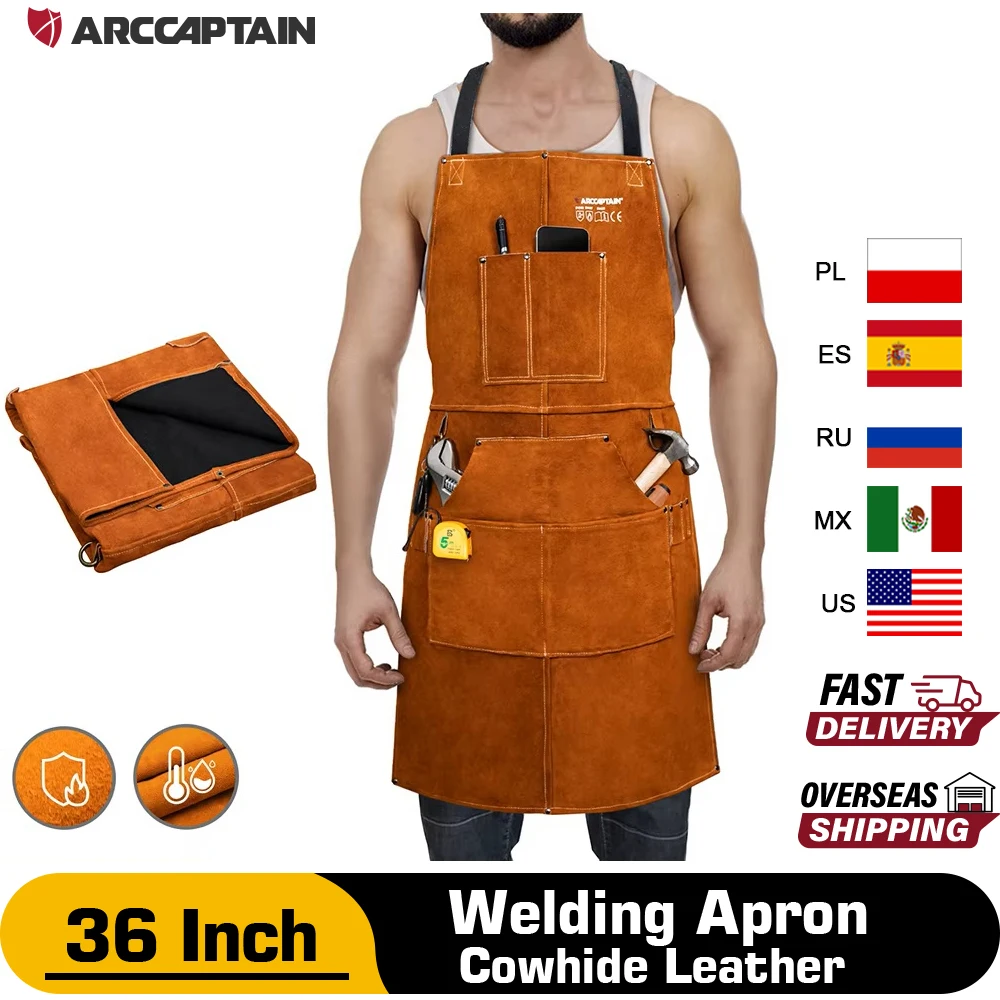 ARCCAPTAIN Leather Welding Work Apron Heat Flame Resistant Cowhide Blacksmith Aprons with 6 Tool Pockets Adjustable M to XXXL