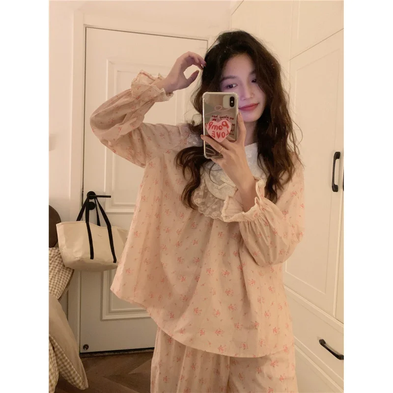 Sweet Korean Round Neck Long Sleeve Trousers Pajamas Suit Vintage Lace Loungewear Casual Fairy Wind Floral Nightwear Women