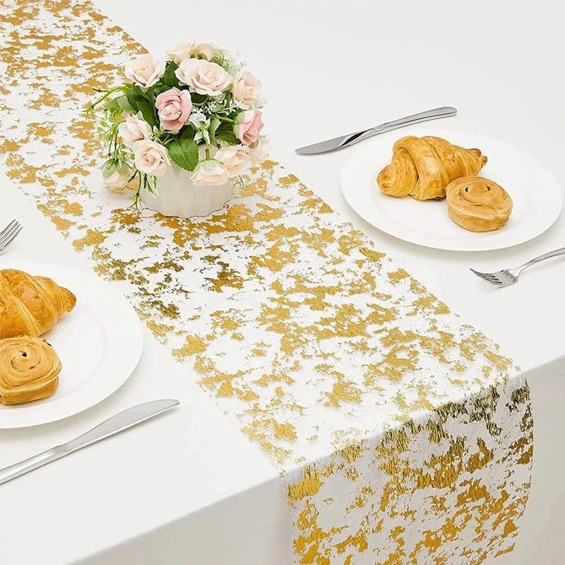 2 Pcs 28cm*5m Table Runner For Decoration Home Per Roll Sequin Glitter Foil Metallic Gold Thin Mesh Table Runner