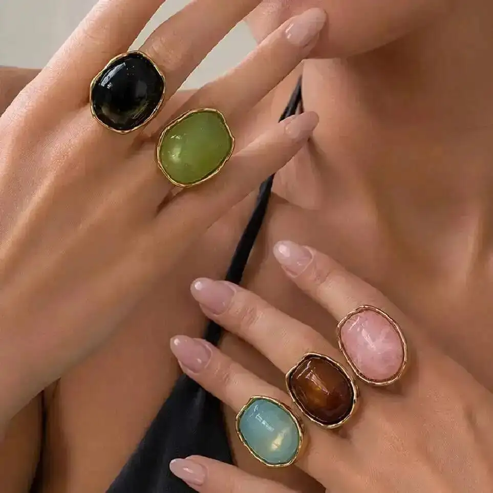 

KunJoe Exquisite Multi-Color Acrylic Resin Adjustable Ring Women 18K Gold Plated Stainless Steel Rings Summer Waterproof Jewelry