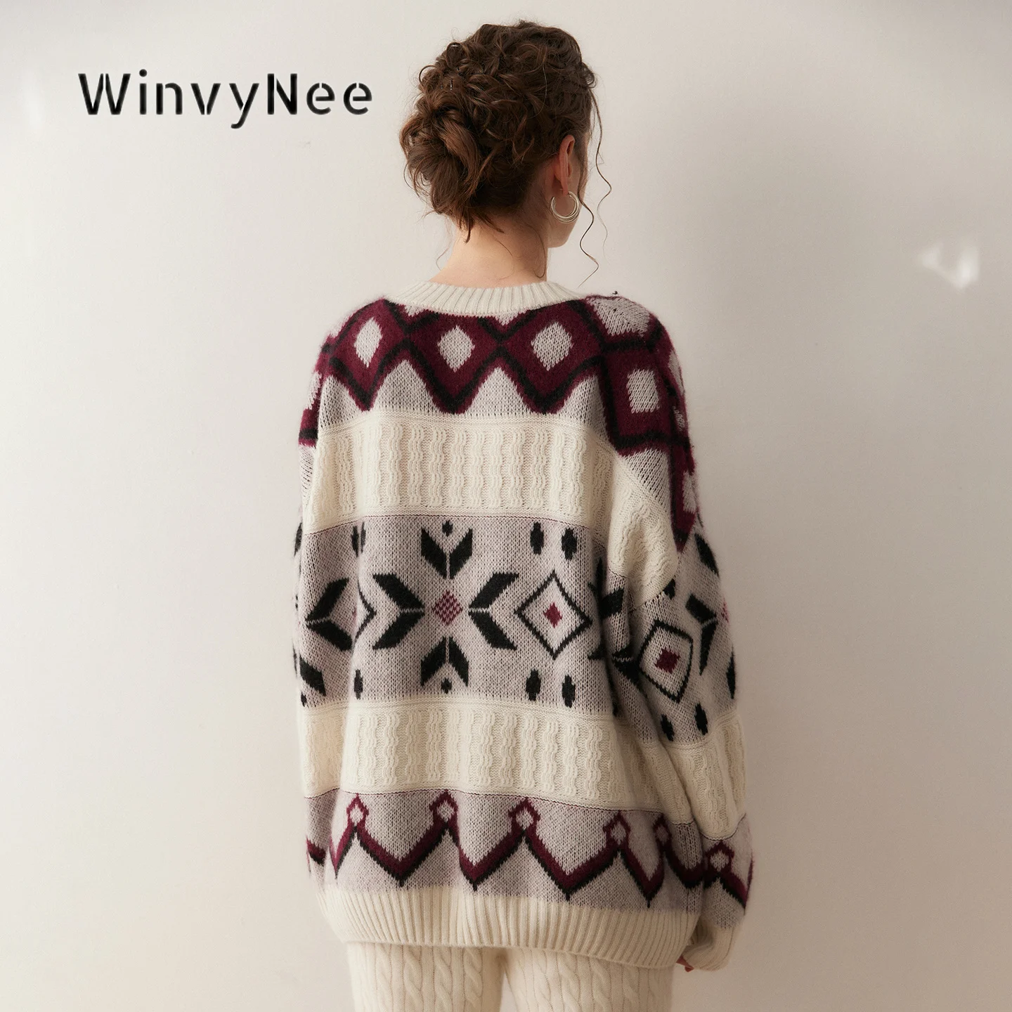 WinvyNee Womens Crew Neck Vintage Ethnic Knit Pullovers Fluffy Mixed Wool Relaxed Folk Diamond Trendy Winter Casual Top A1654030
