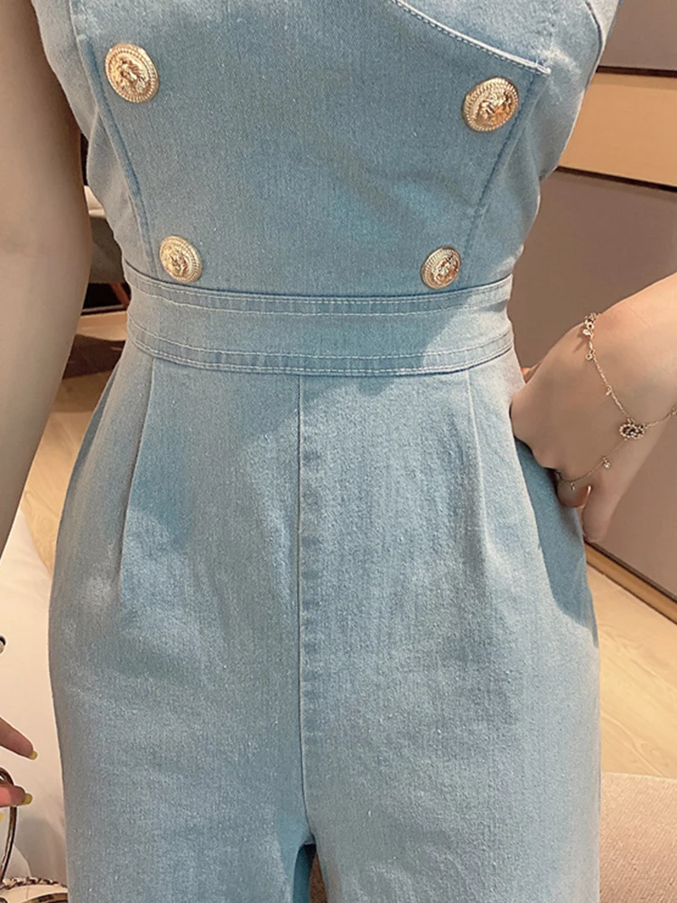 Modne letnie jednoczęściowe kombinezony damskie jeansowe Retro Sexy Halter bez rękawów Femme Mujer szerokie nogawki luźne pajacyki ubrania w stylu