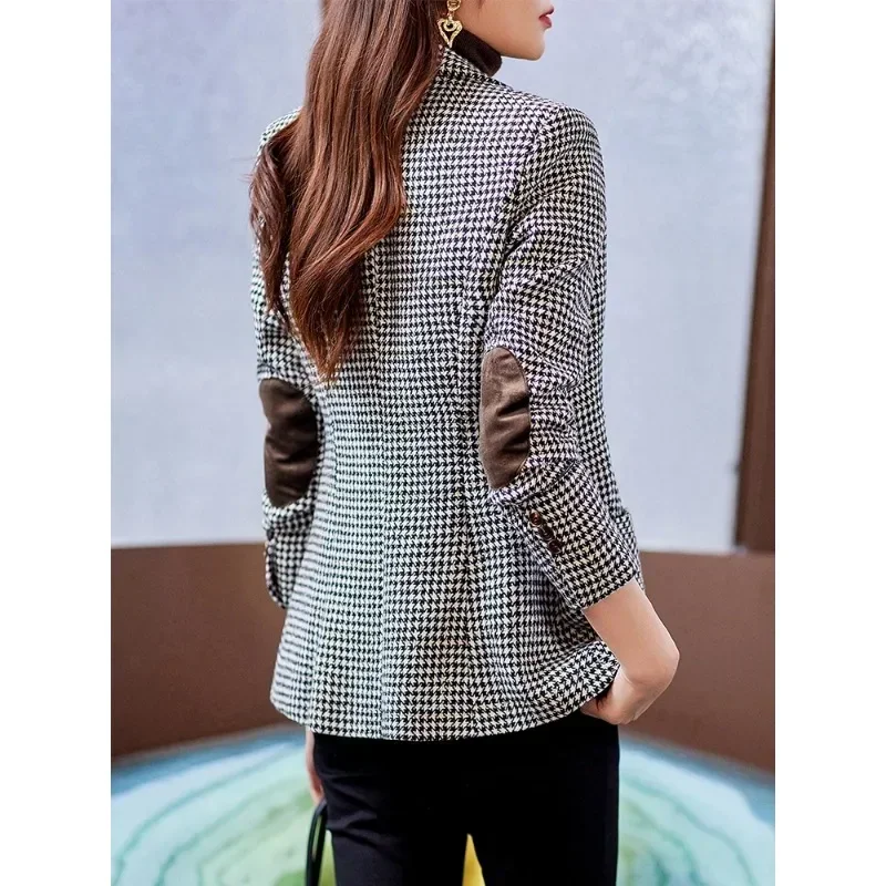 Coffee Gray kotak-kotak Single Breasted Blazer wanita, jaket bisnis Formal wanita kantor musim gugur musim dingin dengan saku