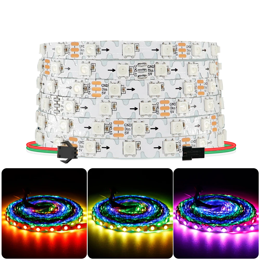WS2812B WS2815 Individually Addressable RGBIC LED Strip 60Leds/m 8mm White PCB Bendable S Shape DIY Light Tape