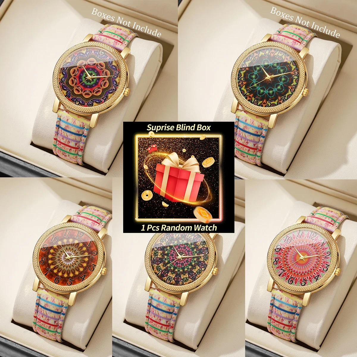 Surprise Blind Box Bohemian Women Watch, Mandala Print Dial Colorful Fabric Strap Quartz Wristwatch Girls Gift