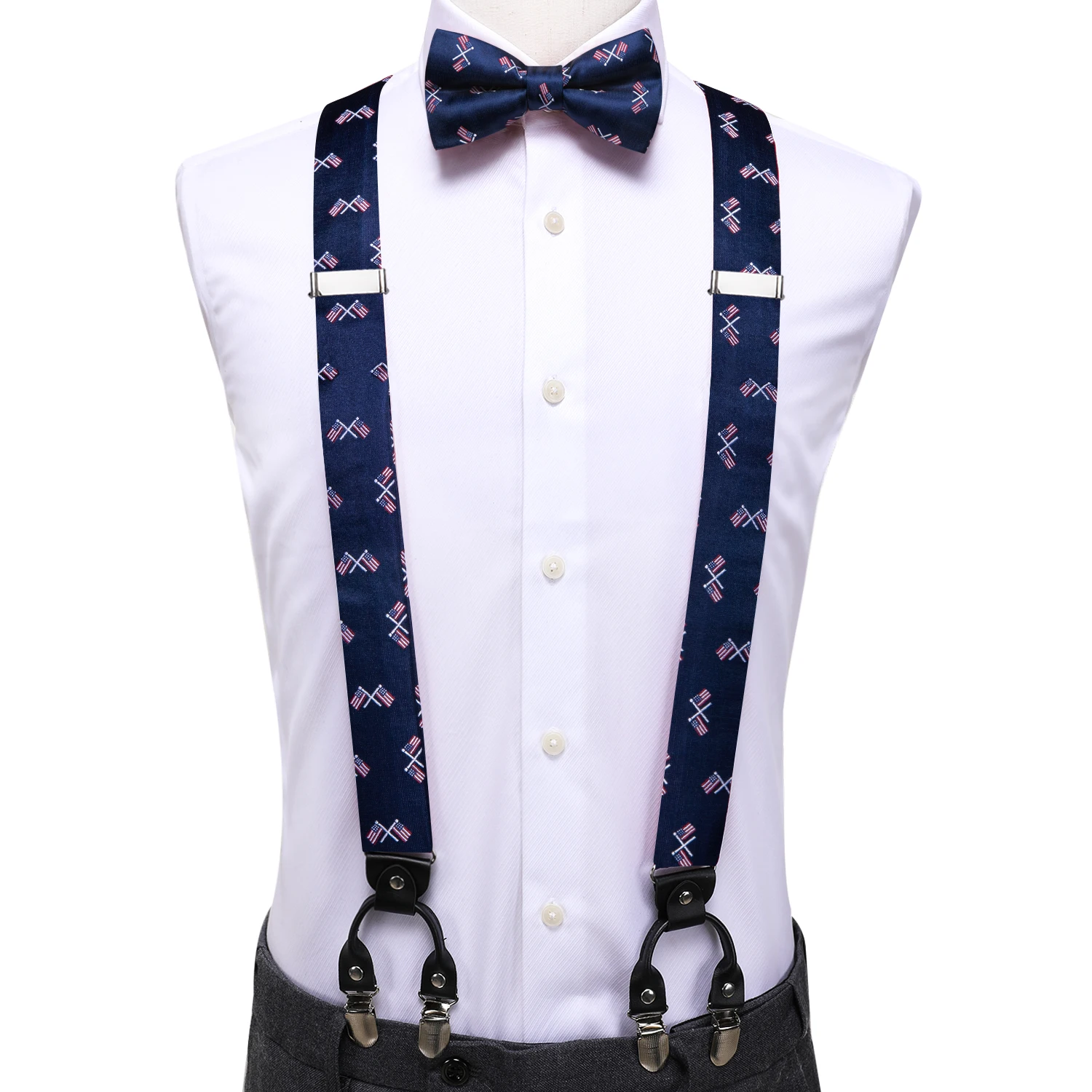 Silk Woven Mens Suspenders Bow Tie Hanky Cufflinks Set Strength 6 Clips On Male Vintage Braces Blue Star Flag
