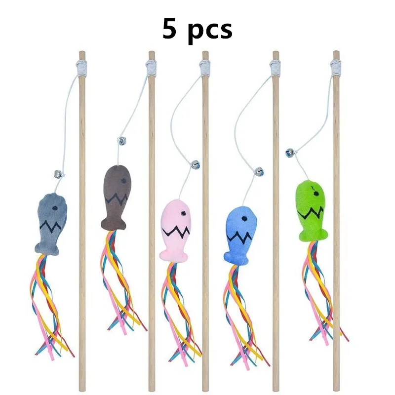 猫用ベル付きスティック,木製ポール,かわいい魚,キャットニップ,カラフルなリボン,インタラクティブな子猫のおもちゃ,ペットアクセサリー,5個