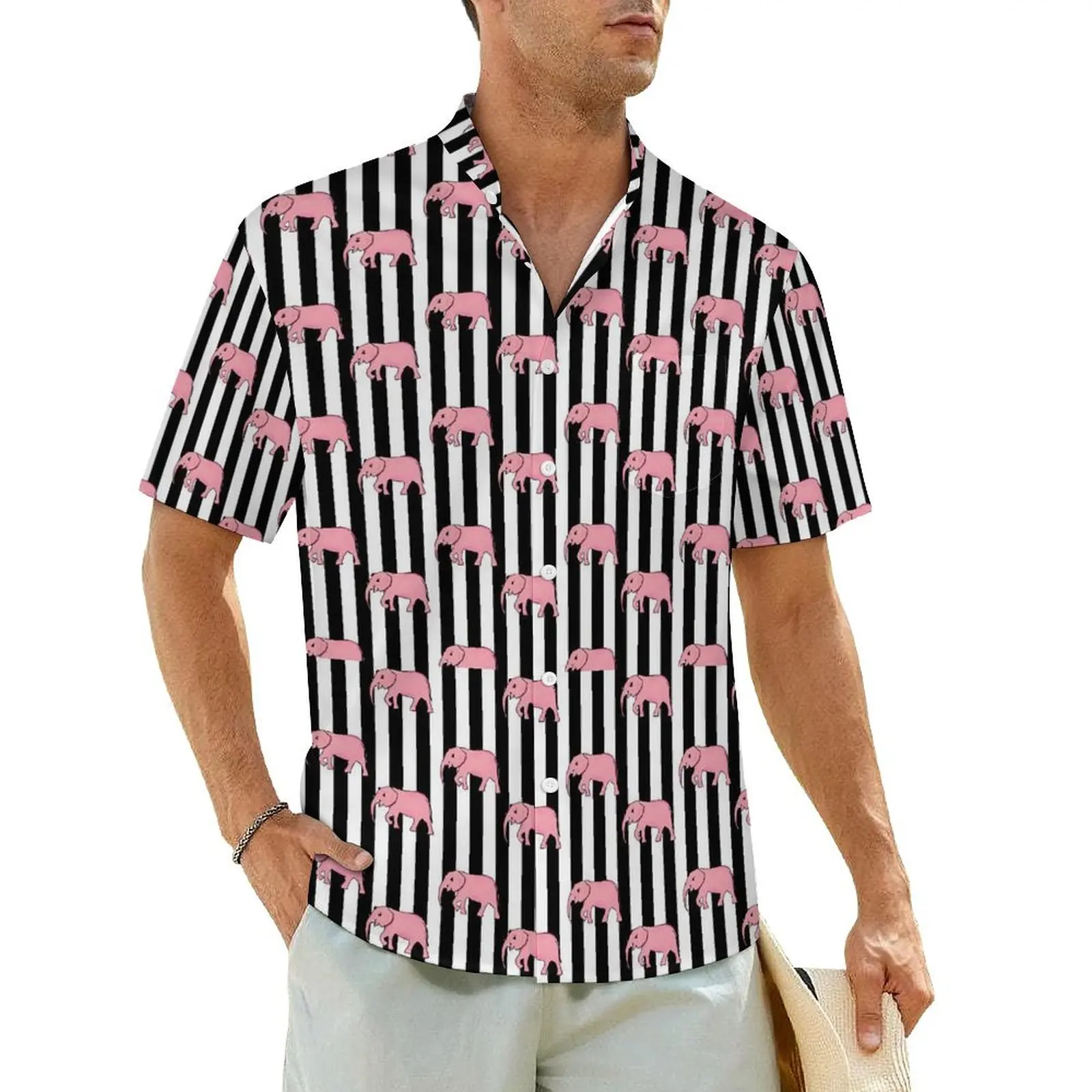 

Hawaiian Shirt Beach Pink Elephant Blouses Black Strips Print Vintage Casual Shirts Male Short Sleeve Plus Size 3XL 4XL Clothing