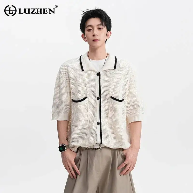 LUZHEN Short 2026 Summer Hollow Color Contrast Outline Sleeve Mesh Shirts Men's Fashion Elegant High Quality Casual Tops JY8038