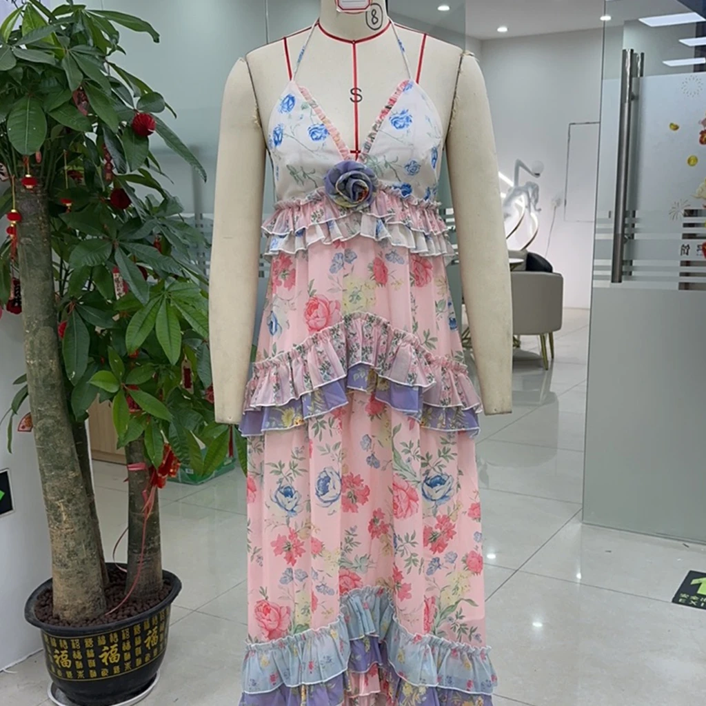 Vestido feminino floral em camadas com estampa elegante, babados multicamadas, costas nuas, decote em V, linha A, vestido longo para praia de verão