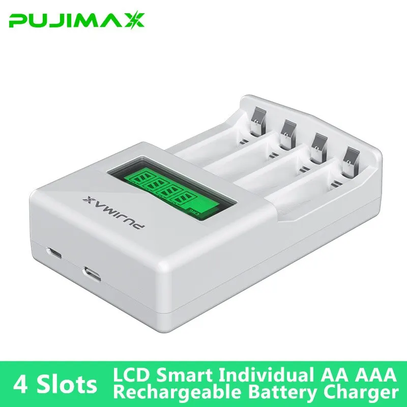 PUJIAMX AA/AAA เครื่องชาร์จแบตเตอรี่แบบชาร์จไฟได้จอแสดงผล LCD อะแดปเตอร์แบบพกพาสาย USB TypeC แบตเตอรี่อินเทอร์เฟซเครื่องมือชาร์จเร็ว