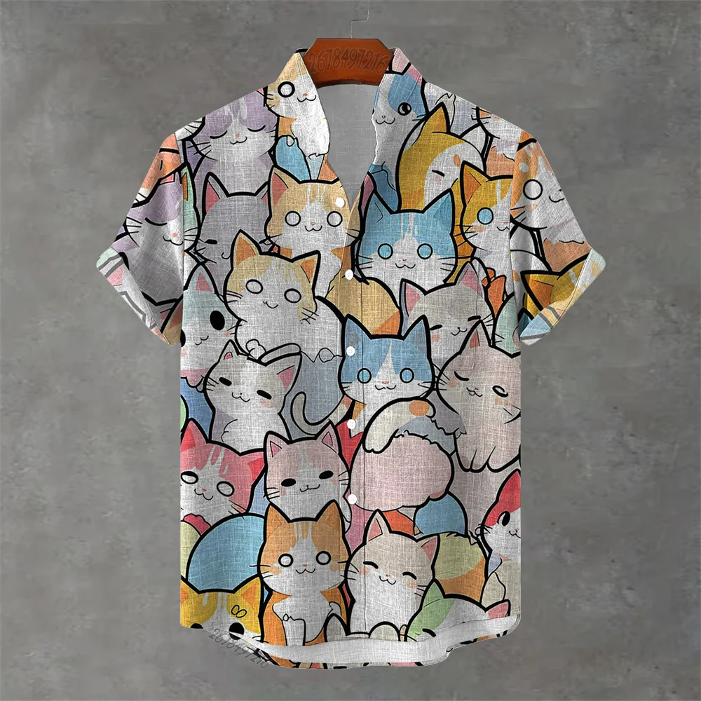 Men's New Short-Sleeved Shirt, Cartoon Cat Print, Hawaiian Style Casual Vacation Lapel Top, Wrinkle-Resistant and Non-Iron.