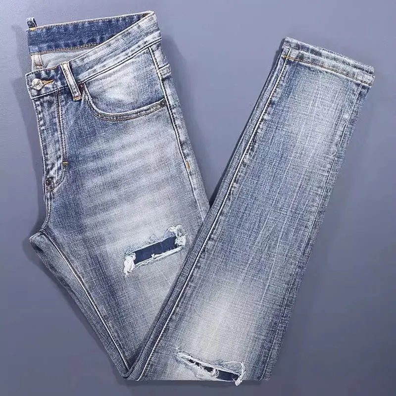 Men Light‑Blue Bleached Washed Cut‑Out Ripped Distressed Stretch Skinny Denim Jeans Hip‑Hop Streetwear Denim Jeans