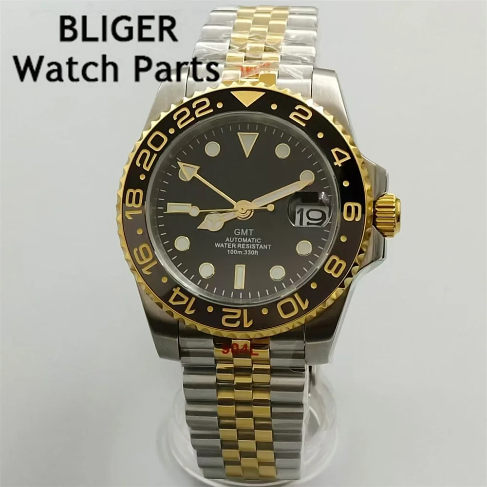 BLIGER NH34A 100M Waterproof 40mm Gold GMT Function NH34 GMT Automatic Men Watch Steel Bracelet Sapphire Glass Green Luminous