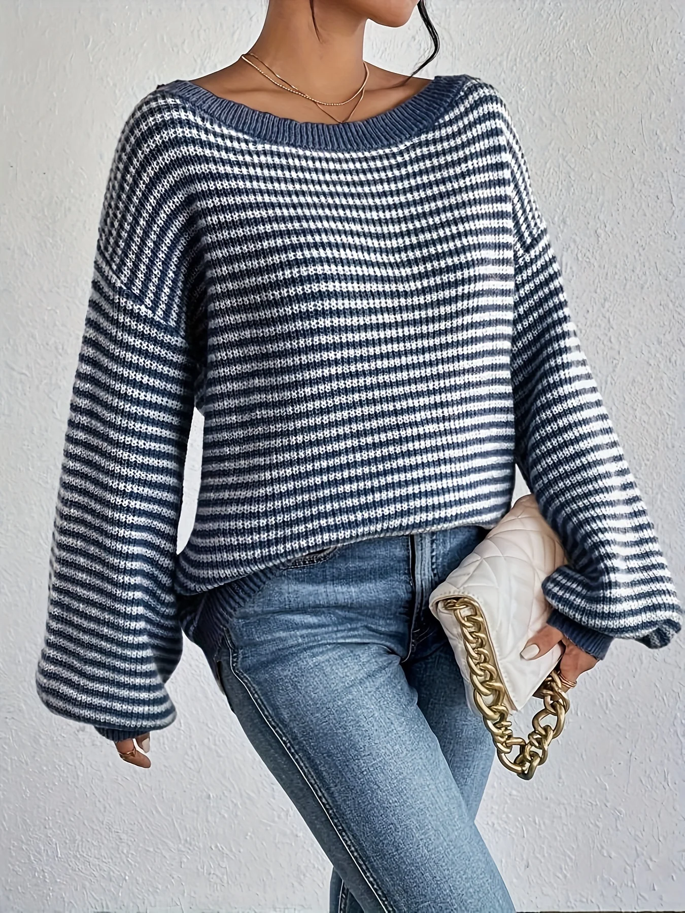 2024 New Year\'s hot fashion striped versatile round neck pullover knit sweater