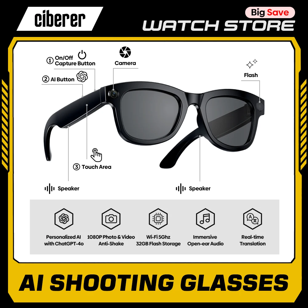

New Ciberer M01 AI Shooting Glasses HD Anti-Shake Camera Voice Call Noise Reduction Wireless Headset with Real-time Translation