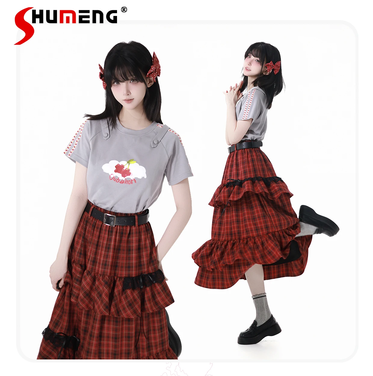 

Fashion Casual Summer Tees Crew Neck Short Sleeve Grey T-shirts High Waist Lace Splicing Plaid Long Skirts Two-piece Set Women
