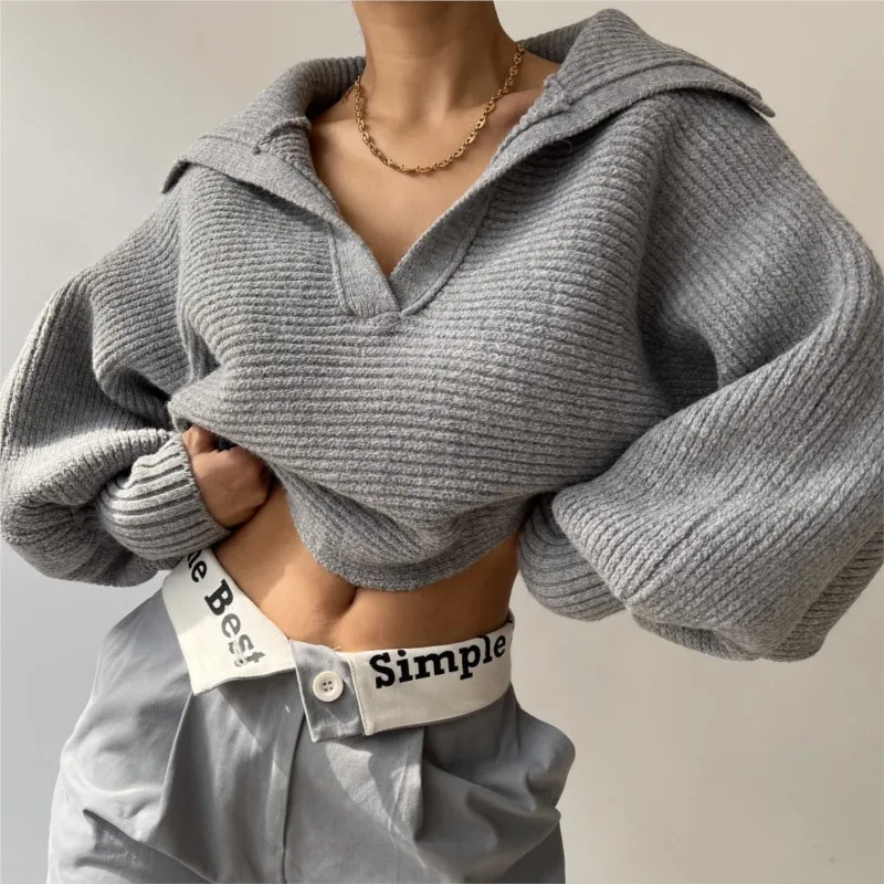 Suéter de punto suelto con cuello en V liso para mujer, ropa informal a la moda para mujer, ropa de calle tejida de manga larga con solapa para otoño e invierno