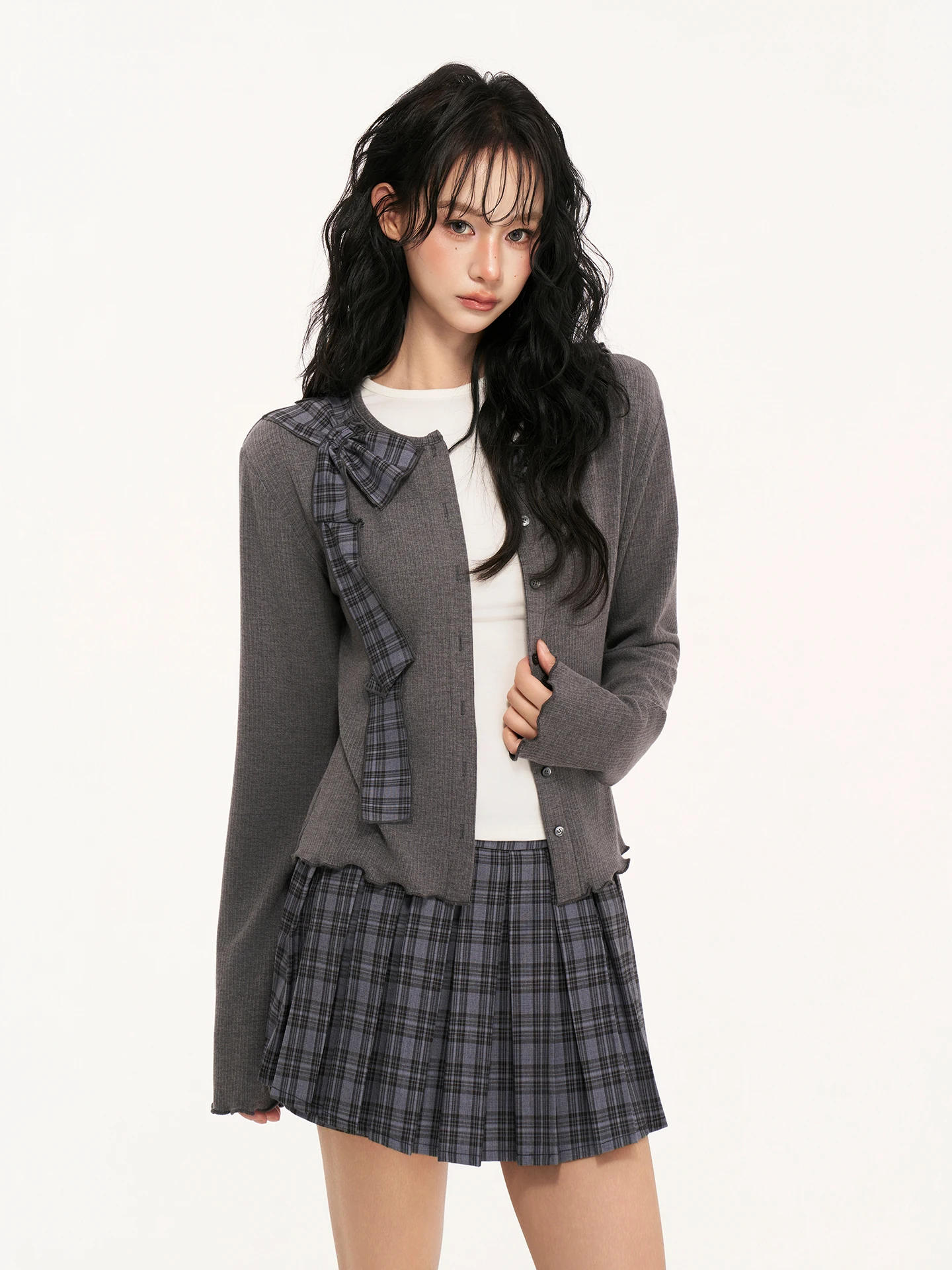 

AXIA Slim Fit Knitted Cardigan And Skirt Set Women's Faion Spring New Plaid Skirt Two Piece Set College Sle Long Sve