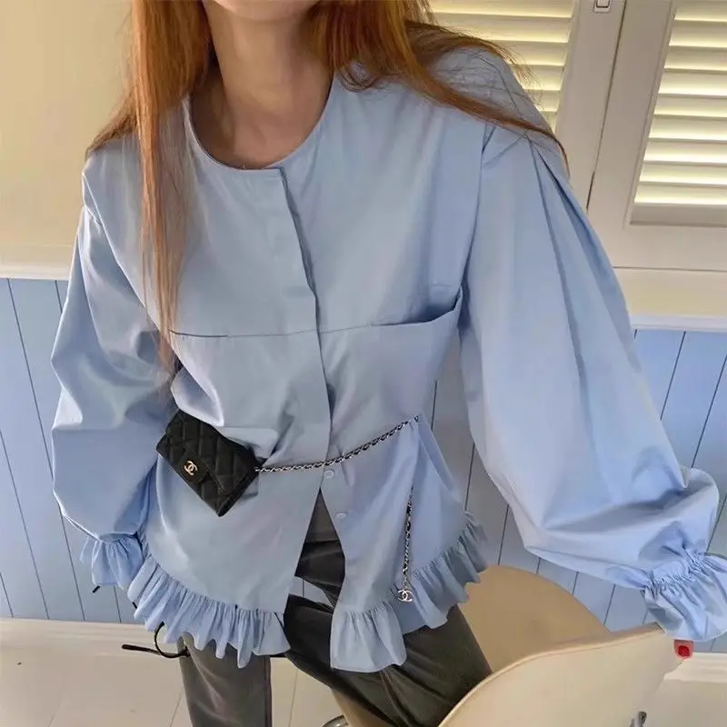 Koreaanse Herfst Modieuze Ruches Effen Kleur O-hals Shirts Vrouwelijke Koreaanse Knoppen Lange Mouw Blouse Dameskleding Top Tee