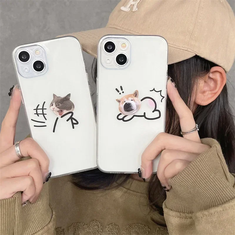 Funny Cat Dog Clear Paired Phone Case for iPhone 16 13 15 12 11 14 Pro Max 13Mini 7 8 14 Plus SE3 Cartoon Couple Covers Fundas