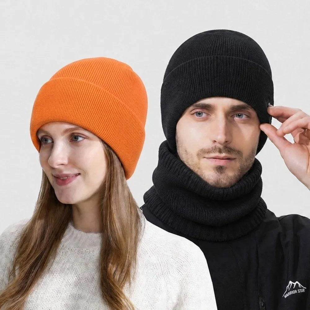 Solid Color Knitted Beanies Windproof Stretch Knitted Couple Hat Scarf Set Ear Protection Crochet Design Winter Hat