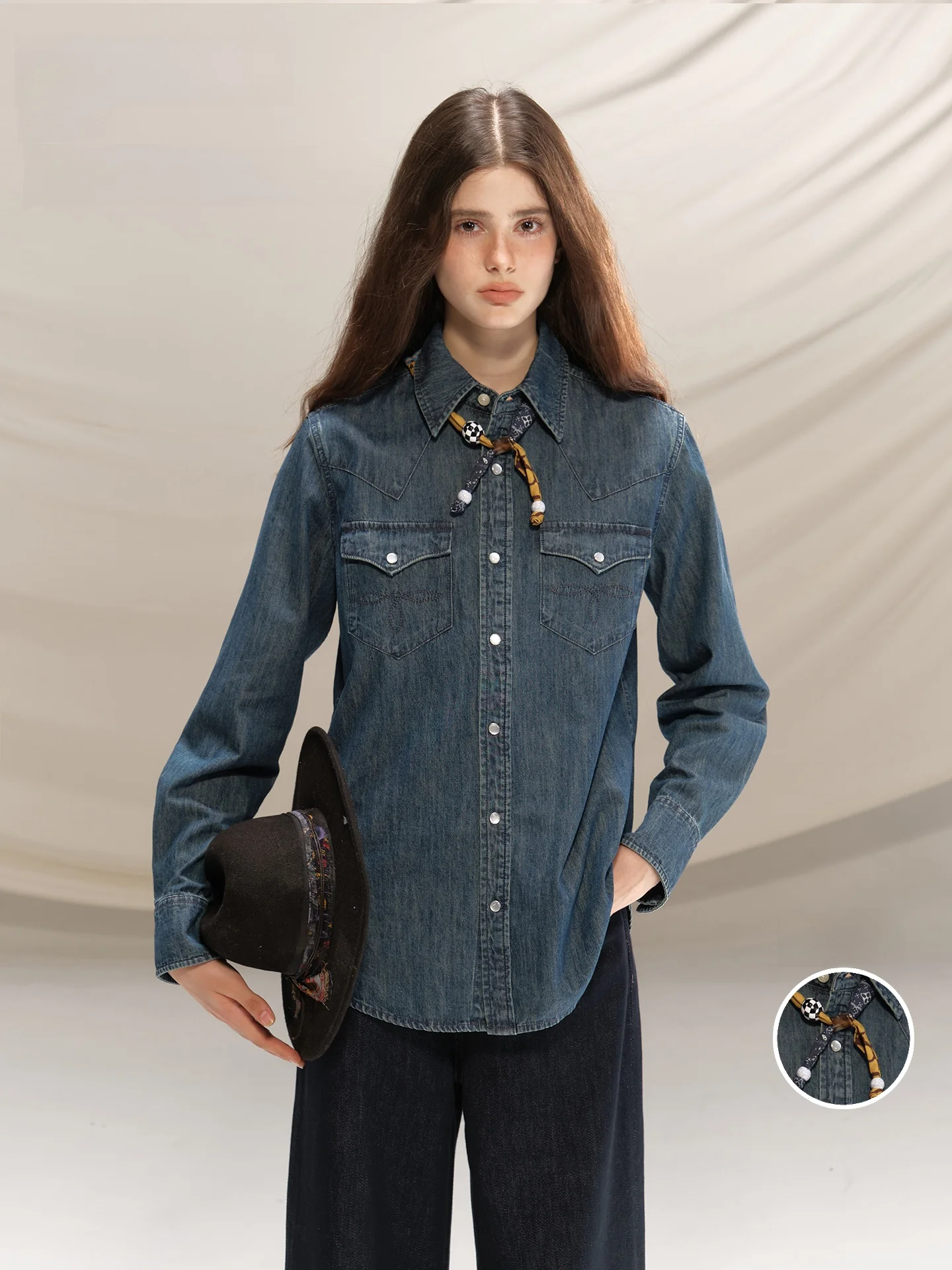 

Classic Distred Denim Embroidered Fit irt Upper Body Vol0 Rong Starry Original Cotton Long Sve Button down