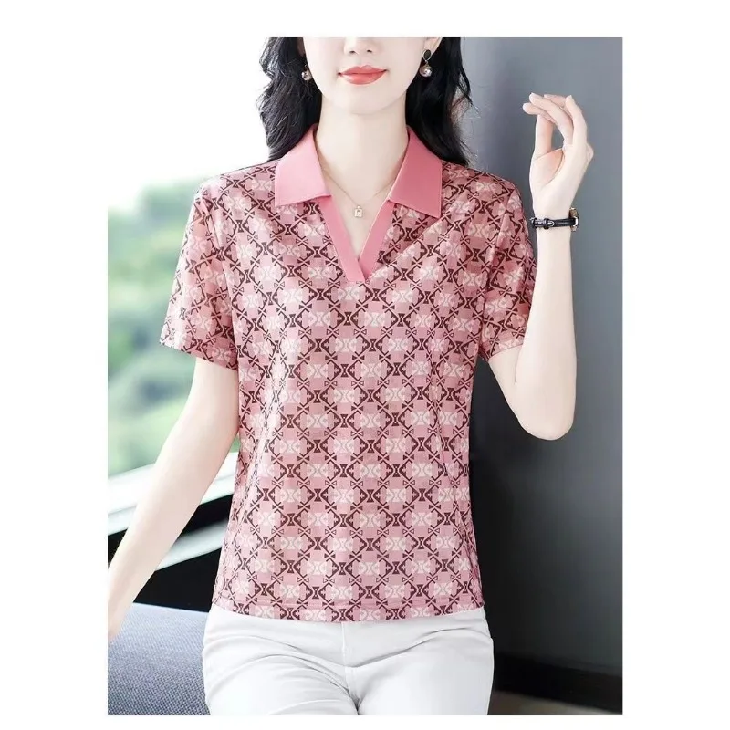 

Fashionable Printed Polo Shirt Summer Chic Short Sleeve Women's Cotton Top