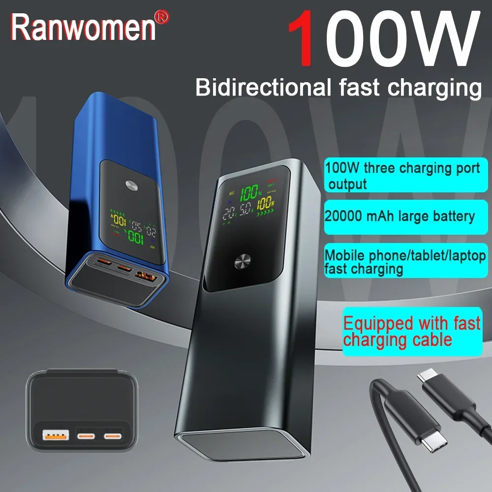 Ranwomen 100W Powerbank PD3.1 20000mAh Bidirectional Fast Charging Portable Bidirectional For Laptop Pad Phone iPhone Samsung