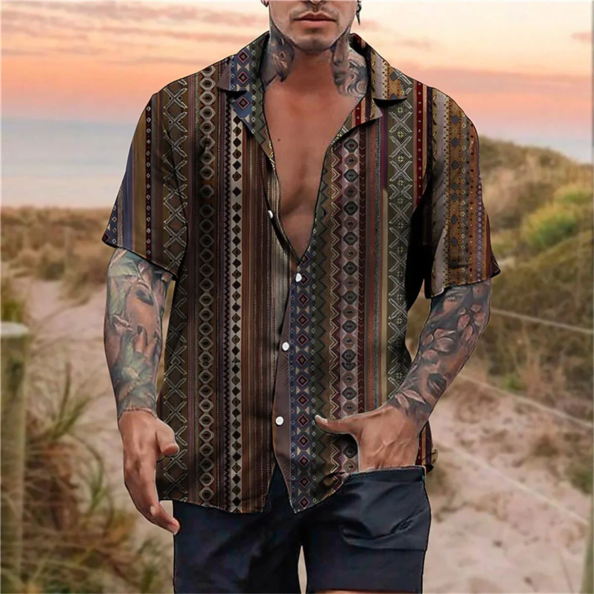 2024 Nieuwe Zomer Patchwork Patroon Bedrukt Met Korte Mouwen, Gladde Revers Knoopsluiting Hawaiiaanse Vakantie Kleding Voorzak