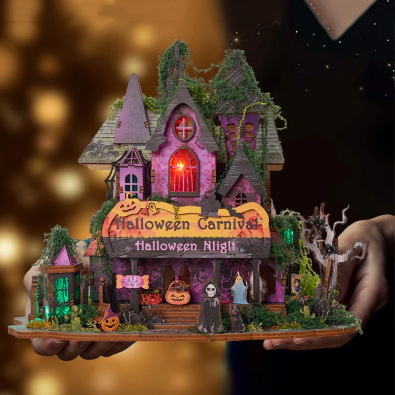 Diy halloween noite carnaval casa kit de modelo em miniatura de madeira 3d quebra-cabeça casas de boneca com móveis casa de bonecas para amigos presentes