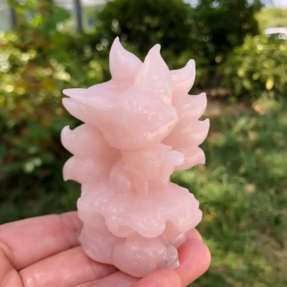 8cm Natural Crystal Nine Tailed Fox Figurine, Multi-color Gemstone Fox Statue, Fluorite Rose Quartz Stone Ornament Gift