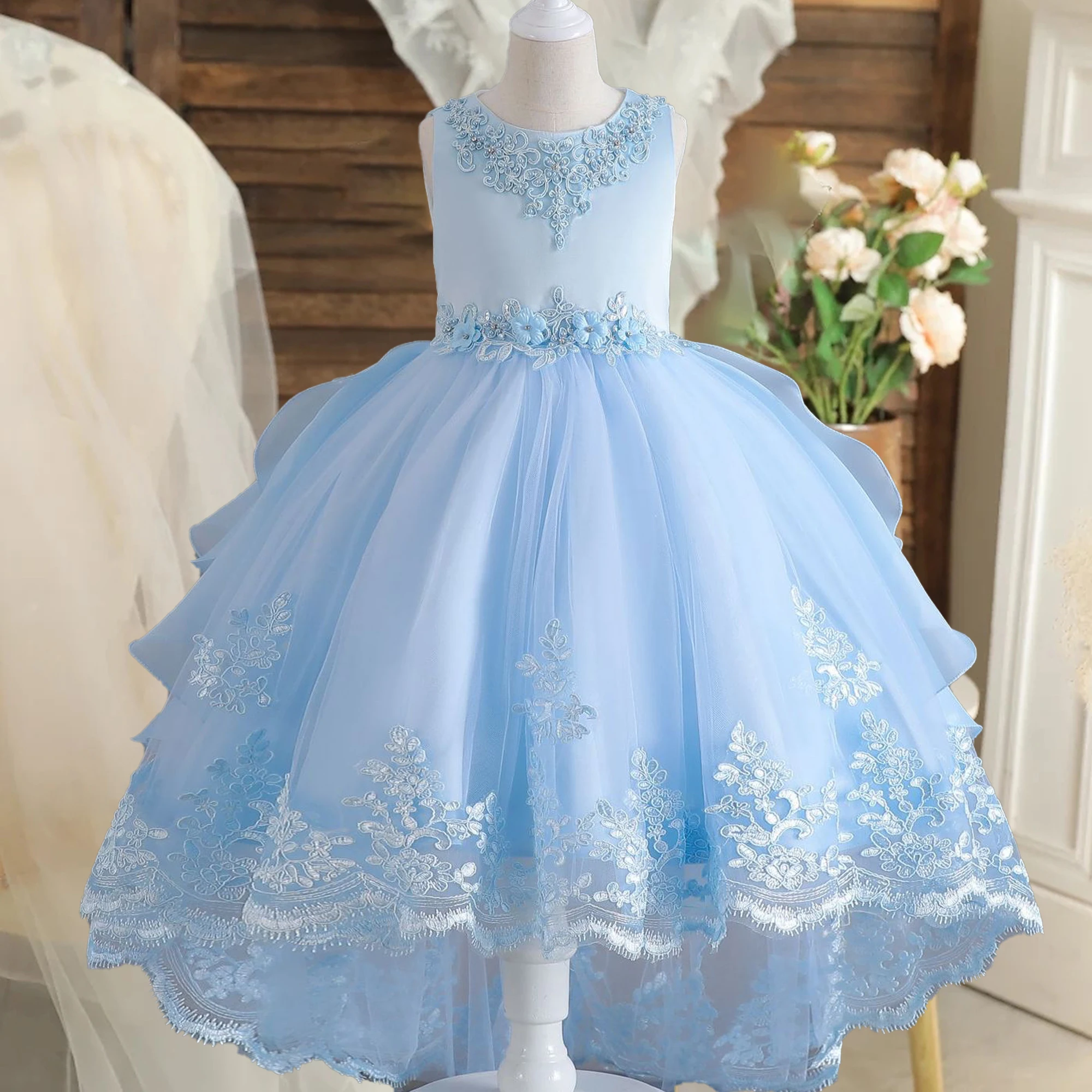 

Elegant Bridesmaid Party Girl Dress Cerenony Bow Wedding Pageant Princess Prom Dress Girls Baptism First Communion Birthday Gown