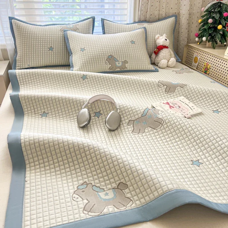 Cartoon Pattern Thickened Summer Cooling Mat Set Jacquard Washable Ice Silk Bed Sheet Breathable Mattress Cover with Pillowcase