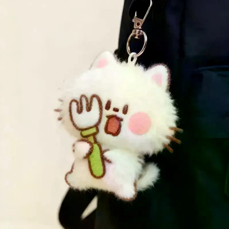 Fluffy Plush Kitten Key Chain Cartoon Cat With Fork Fish Embroidery Backpack Bag Pendant Cute Gift For Women Girls 1PC Lovely
