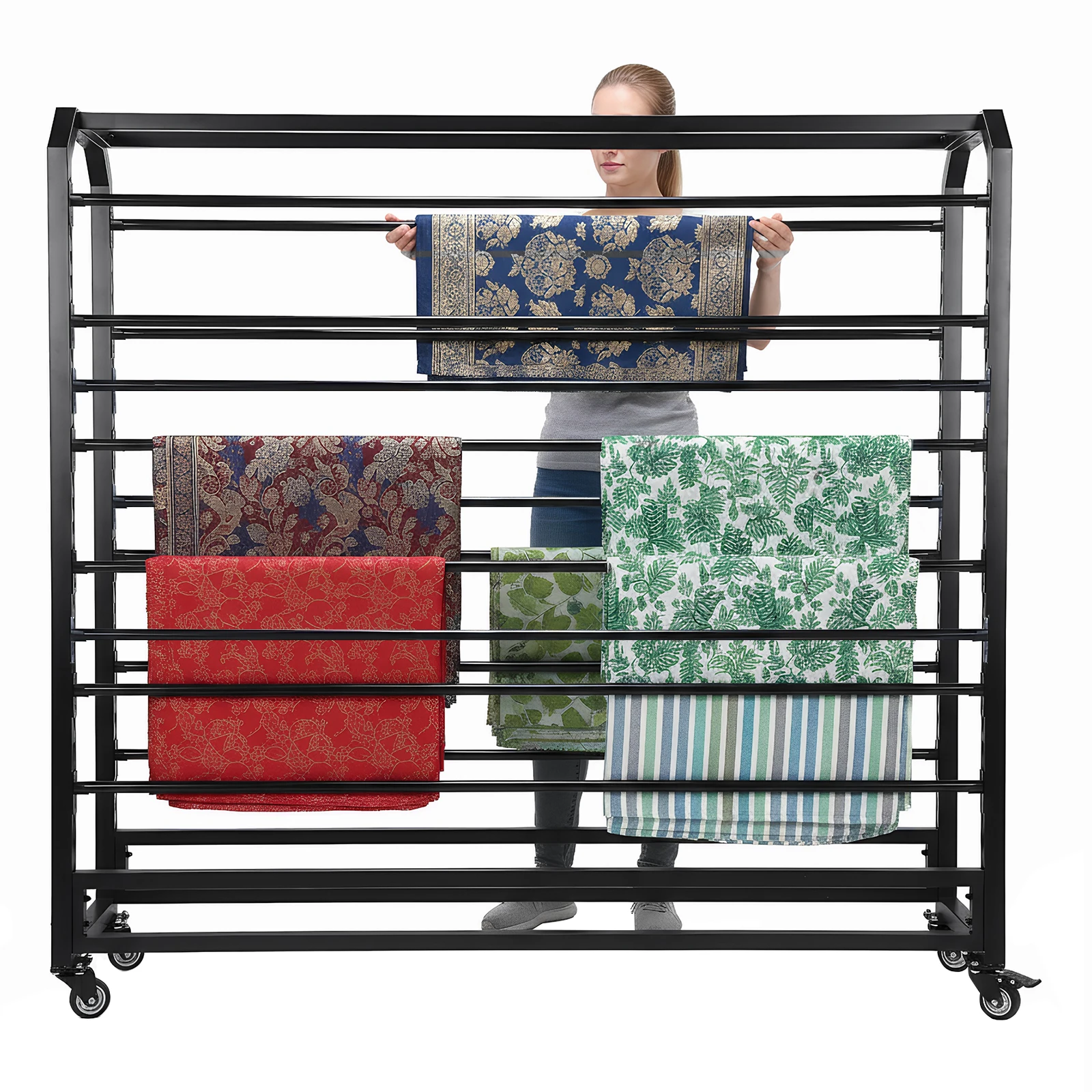 

16/18 Rods Paper Roll Holder with Adjustable Hanging Rod Mobile Rolling Organizer with Wheels for Curtain/Wallpaper/Tablecloth